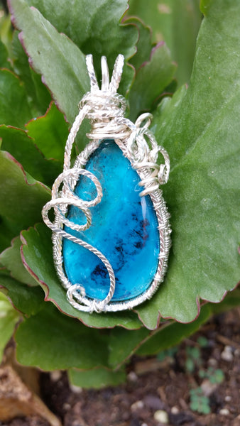 Unique Chrysocolla Pendant Woven in Silver Wire